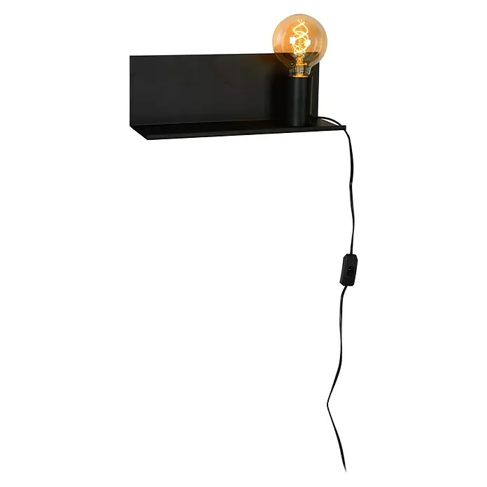 Lucide Wandleuchte Sebo - 40 W, L x B x H: 13 x 36 x 13 cm, Schwarz, E27 - Nahaufnahme einer schwarzen Wandleuchte mit einer Edison-Glühbirne, die ein warmes Licht ausstrahlt und eine gemütliche Atmosphäre erzeugt.