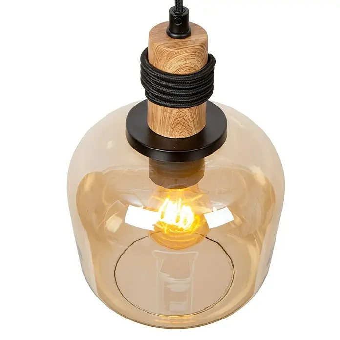 Lucide Ilona Pendelleuchte - 40 W, L x B x H: 60 x 8 x 161 cm, Amber, E27 - Attraktive Hängelampe mit einem Schirm aus bernsteinfarbenem Glas und Holzelementen, die eine warme und stilvolle Atmosphäre schafft.
