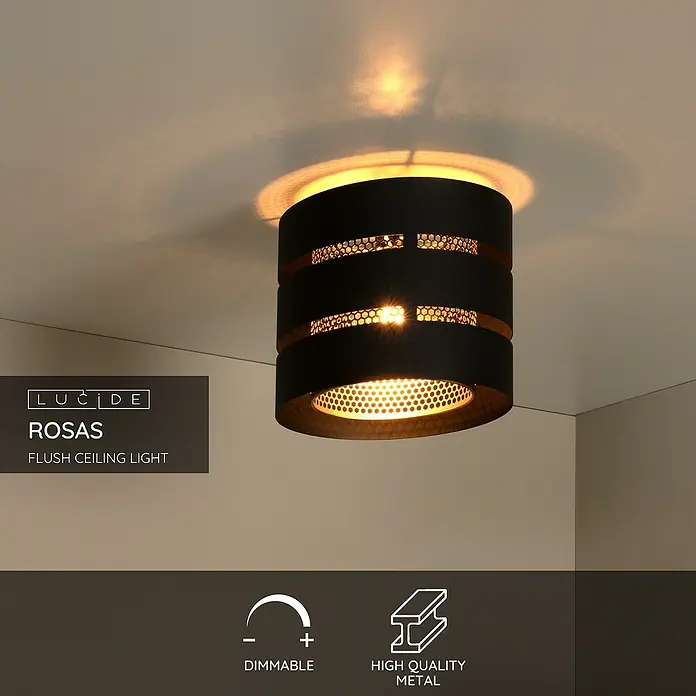 Lucide Rosas Deckenleuchte rund - 40 W, Ø x H: 26 x 22 cm, Schwarz/ Gold, Schwarz, E27 - Nahaufnahme der stilvollen, dimmbaren Lucide Rosas Deckenleuchte aus hochwertigem Metall, die jedem Raum einen Hauch von Eleganz verleiht.