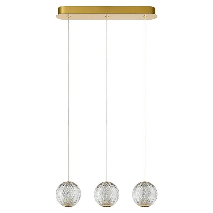 Lucide Cintra LED-Pendelleuchte rund - 4,7 W, L x B x H: 4 x 48 x 150 cm, Kristall, Anzahl Leuchtmittel: 3 Stk. - Diese Pendelleuchte besticht durch ein lineares Design mit drei Kristallkugeln und einem goldenen Akzent.