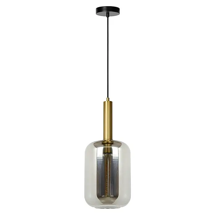 Lucide Pendelleuchte Joanet - 40 W, L x B x H: 32,5 x 32,5 x 150 cm, Rauchfarben, E27, Anzahl Leuchtmittel: 1 Stk. - Nahaufnahme einer modernen Pendelleuchte mit einem gläsernen Lampenschirm und goldenen Akzenten. Elegantes Design für stilvolle Beleuchtung.