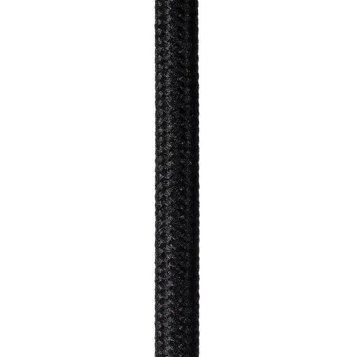 Lucide Siemon Pendelleuchte rund - 40 W, Ø x H: 40 x 150 cm, Schwarz/ Gold, E27 - Nahaufnahme eines schwarzen, geflochtenen Stromkabels, das sich vertikal über ein gestreiftes Muster erstreckt, ideal für Lampen und Elektronik.