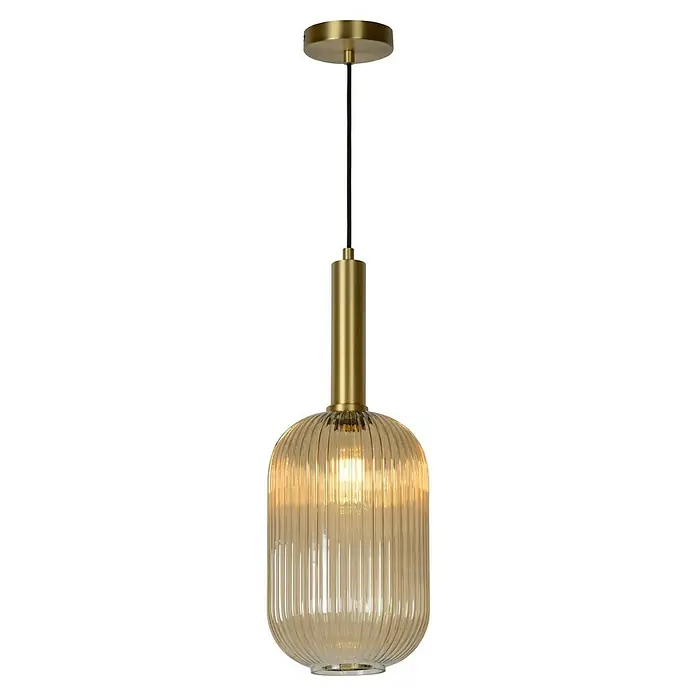 Lucide Maloto Pendelleuchte - 40 W, L x B x H: 150 x 20 x 150 cm, Bernstein/ Gold, E27 - Elegante Pendelleuchte mit geripptem Glasschirm und goldfarbenen Akzenten, ideal für stilvolle Innenräume.