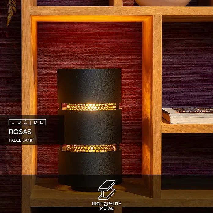Lucide Rosas Tischleuchte rund - 40 W, Ø x H: 12 x 30 cm, Schwarz/ Gold, Schwarz, E27 - Elegante Lucide Rosas Tischlampe mit einem zylindrischen Design, das warmes Licht durchbrochen lässt, ideal für stimmungsvolle Beleuchtung.