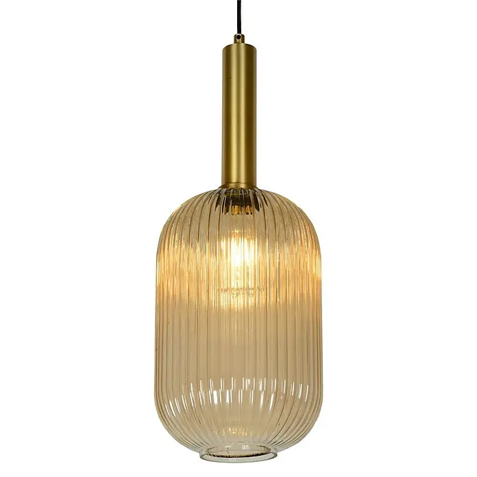Lucide Maloto Pendelleuchte - 40 W, L x B x H: 150 x 20 x 150 cm, Bernstein/ Gold, E27 - Nahaufnahme einer stilvollen bernsteinfarbenen Pendelleuchte mit goldenen Akzenten, die ein warmes Licht ausstrahlt.