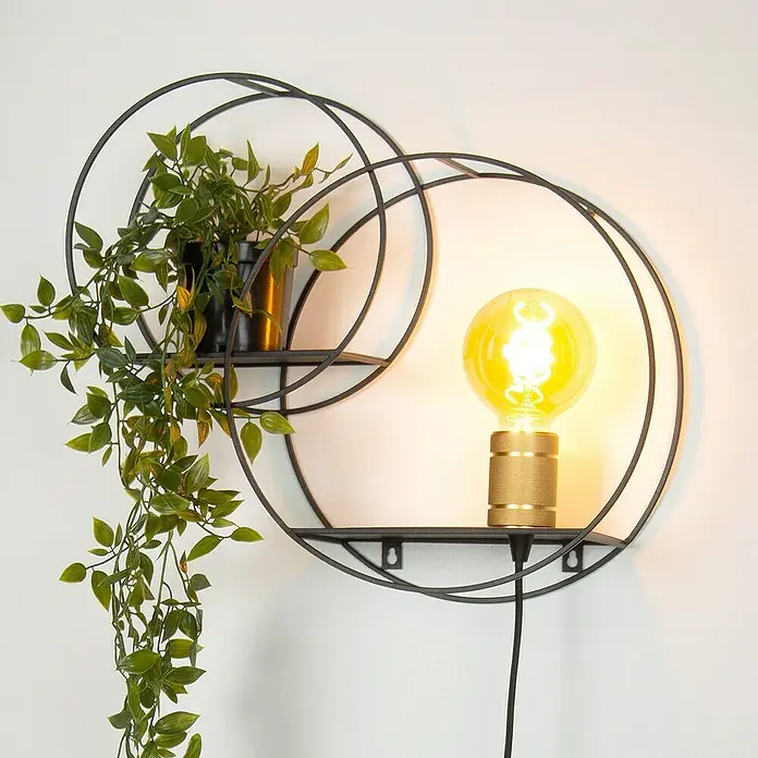 Lucide Wandleuchte - 40 W, L x B x H: 14 x 43 x 38 cm, Schwarz/ Gold, E27 - Wandregal mit integrierter Lampe und Pflanze. Das Regal besteht aus zwei Kreisen, die sich überschneiden, und bietet Platz für Deko.