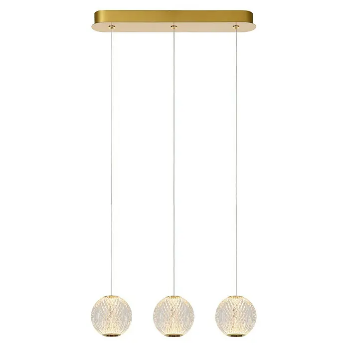 Lucide Cintra LED-Pendelleuchte rund - 4,7 W, L x B x H: 4 x 48 x 150 cm, Kristall, Anzahl Leuchtmittel: 3 Stk. - Elegante dreiflammige Pendelleuchte mit goldenen Akzenten und dekorativen Glasschirmen für eine stilvolle Beleuchtung im Raum.
