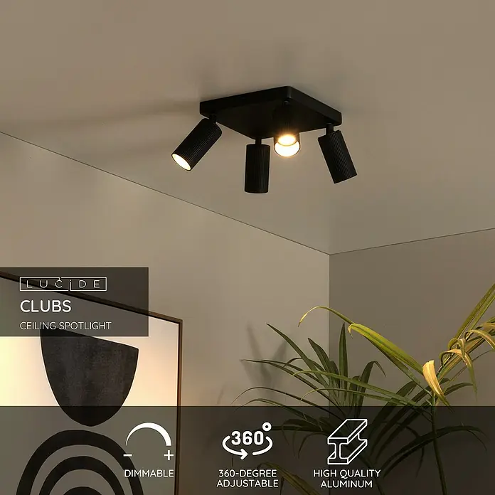 Lucide Clubs Deckenstrahler - 40 W, L x B x H: 28 x 24,5 x 11,5 cm, Schwarz, GU10 - Deckenstrahler „Clubs“ von Lucide: Schwarze, dimmbare Leuchte aus Aluminium mit vier verstellbaren Strahlern für eine flexible Beleuchtung.