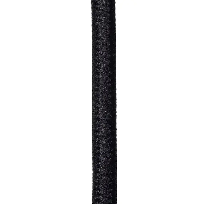 Lucide Pendelleuchte Joanet - 40 W, L x B x H: 32,5 x 32,5 x 150 cm, Rauchfarben, E27, Anzahl Leuchtmittel: 1 Stk. - Detailansicht eines schwarzen, ummantelten Kabels mit silbernen Akzenten, das ein modernes und funktionales Design betont.