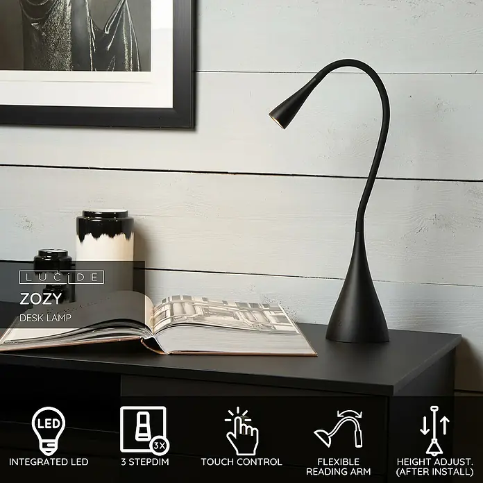 Lucide Zozy LED-Tischleuchte - 4 W, L x B x H: 11,2 x 11,2 x 48,5 cm, Schwarz, Neutralweiß - Die moderne Lucide Zozy Schreibtischleuchte in Schwarz mit LED, Touch-Bedienung und flexiblem Arm sorgt für ideales Licht beim Arbeiten.