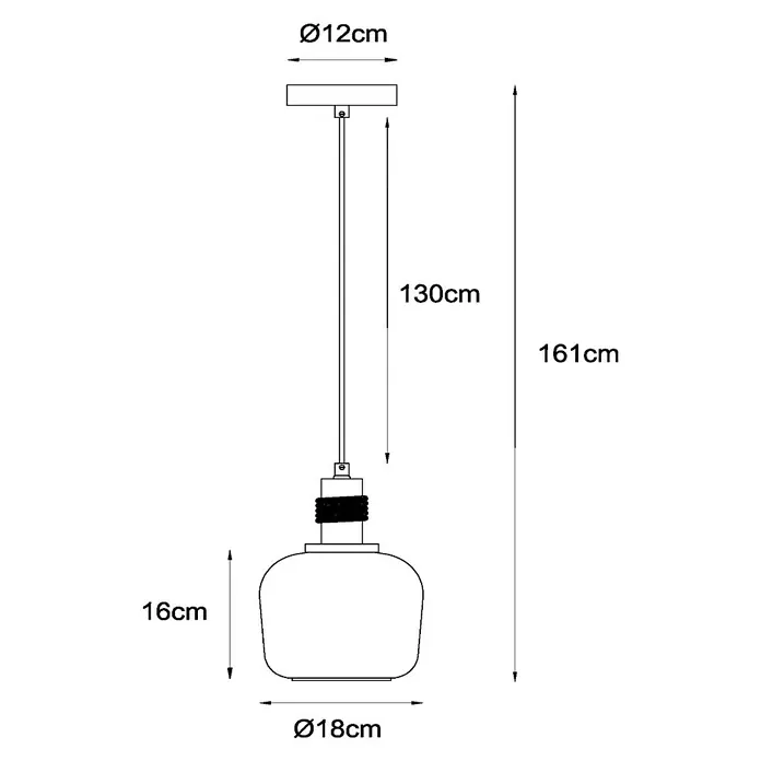 Lucide Ilona Pendelleuchte - 40 W, L x B x H: 12 x 12 x 161 cm, Amber, E27 - Schema einer Pendelleuchte mit einem Durchmesser von 18 cm und einer Höhe von 16 cm, die an einem 130 cm langen Kabel von einer Deckenrosette hängt.