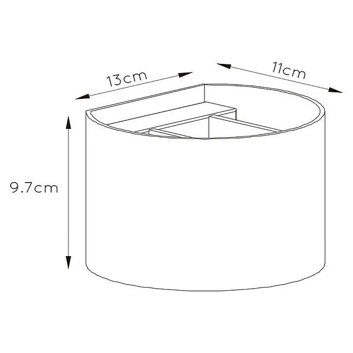 Lucide LED-Wandleuchte Xio - 3,5 W, L x B x H: 14 x 12 x 10,5 cm, Schwarz - Eine Strichzeichnung eines Wandregals mit den Maßen 13cm Breite, 11cm Tiefe und 9,7cm Höhe.