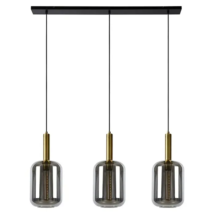 Lucide Pendelleuchte Joanet - 40 W, L x B x H: 110 x 22 x 150 cm, Rauchfarben, E27, Anzahl Leuchtmittel: 3 Stk. - Eine moderne Pendelleuchte mit drei rauchfarbenen Glaslampen und goldenen Akzenten, ideal für stilvolle Beleuchtung.