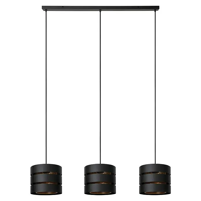 Lucide Rosas Pendelleuchte - 40 W, L x B x H: 110 x 130 x 152 cm, Schwarz, Schwarz/ Gold, E27 - Eine dreiflammige Pendelleuchte mit zylindrischen Lampenschirmen, die ein stilvolles und modernes Lichtdesign bietet.