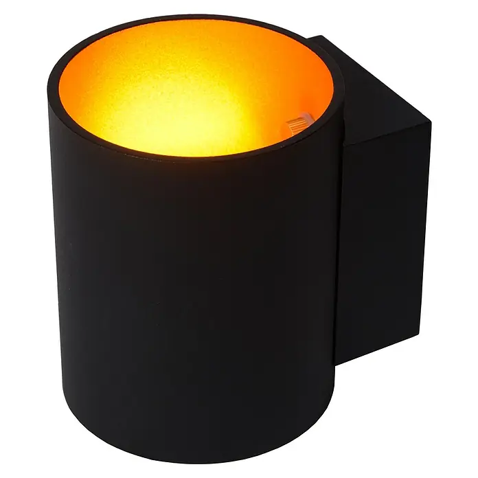 Lucide Wandleuchte Xera - 42 W, L x B x H: 11 x 9 x 11,5 cm, Schwarz, G9 - Nahaufnahme einer schwarzen zylindrischen Wandleuchte mit warmem Licht, die ein modernes und stilvolles Ambiente für jeden Raum schafft.