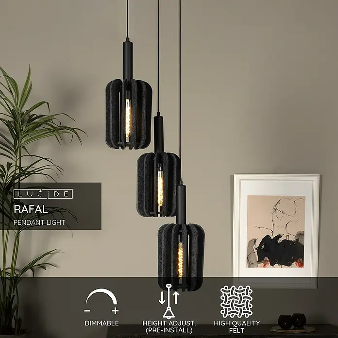 Lucide Rafal Pendelleuchte - 40 W, L x B x H: 30 x 30 x 183 cm, Grau, E27, Anzahl Leuchtmittel: 3 Stk. - Moderne Lucide Rafal Pendelleuchte aus hochwertigem Filz mit höhenverstellbarer Aufhängung und Dimmfunktion für stimmungsvolle Beleuchtung.