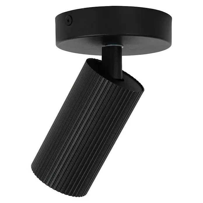 Lucide Clubs Deckenstrahler - 40 W, L x B x H: 17 x 10,5 x 9,5 cm, Schwarz, GU10, Anzahl Leuchtmittel: 1 Stk. - Diese Aufnahme zeigt eine moderne, schwarze Deckenleuchte mit einem zylindrischen, gerippten Lampenkopf. Sie ist stilvoll und funktional.