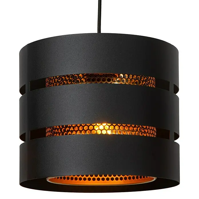 Lucide Rosas Pendelleuchte rund - 40 W, Ø x H: 26 x 152 cm, Schwarz, Schwarz/ Gold, E27 - Schwarze Hängeleuchte mit zylindrischem Design und goldenem Wabeneinsatz, die warmes Licht spendet. Stilvolle Beleuchtung für jeden Raum.