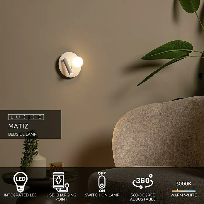 Lucide LED-Wandleuchte rund Matiz - 3,5 W, Ø x H: 16,5 x 19 cm, Weiß, Neutralweiß - Nahaufnahme der modernen Lucide Matiz Nachttischlampe in Weiß, mit LED, USB-Ladeanschluss und 360-Grad-Einstellung für warmweißes Licht.