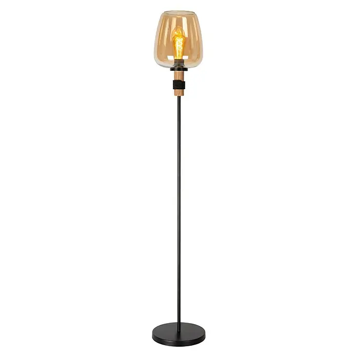 Lucide Ilona Stehleuchte - 40 W, Höhe: 150 cm, Amber, E27 - Elegante Stehlampe mit bernsteinfarbenem Glas und einem schlanken, schwarzen Ständer, die jedem Raum einen Hauch von Wärme verleiht.
