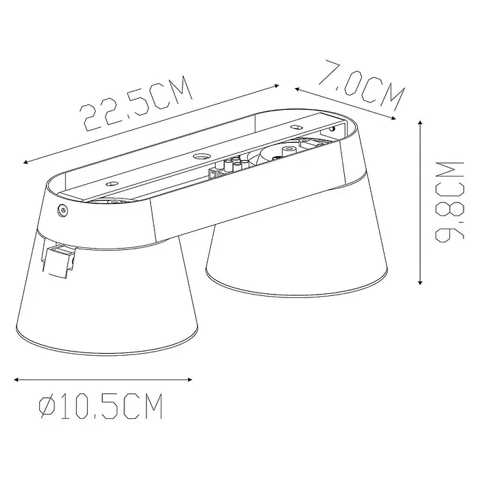 Lucide Deckenstrahler Trigono - 40 W, L x B x H: 26,5 x 11 x 11 cm, Schwarz, GU10, Anzahl Leuchtmittel: 2 Stk. - Technische Zeichnung einer Doppelstrahler-Deckenleuchte mit Maßangaben. Elegantes Design für moderne Beleuchtung.