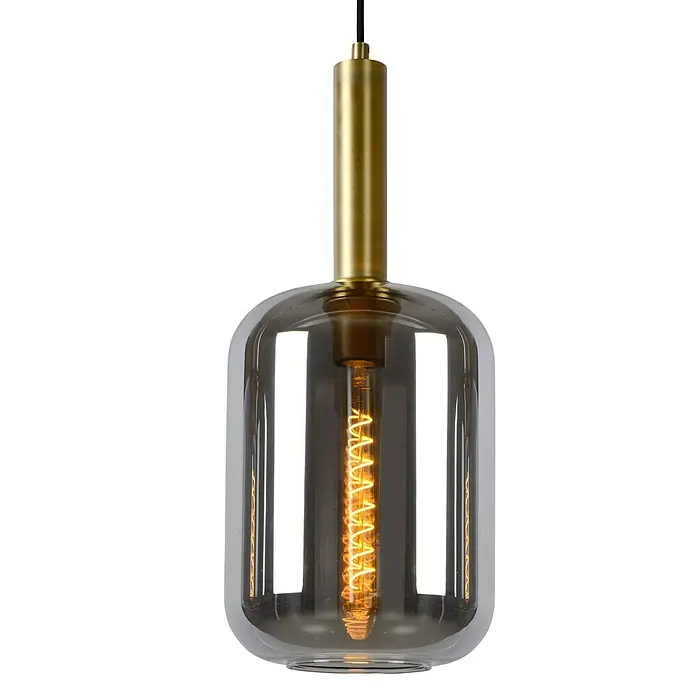 Lucide Pendelleuchte Joanet - 40 W, L x B x H: 110 x 22 x 150 cm, Rauchfarben, E27, Anzahl Leuchtmittel: 3 Stk. - Nahaufnahme einer stilvollen Hängelampe mit goldenen Akzenten und einem grauen Glasschirm, die ein warmes Licht ausstrahlt.