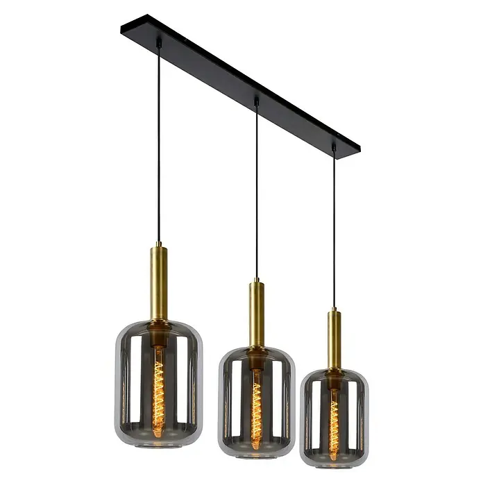 Lucide Pendelleuchte Joanet - 40 W, L x B x H: 110 x 22 x 150 cm, Rauchfarben, E27, Anzahl Leuchtmittel: 3 Stk. - Elegante Pendelleuchte mit drei rauchfarbenen Glaslampen und goldenen Akzenten. Die perfekte Beleuchtung für Ihr Zuhause.