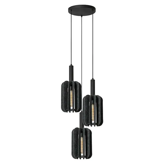 Lucide Rafal Pendelleuchte - 40 W, L x B x H: 30 x 30 x 183 cm, Grau, E27, Anzahl Leuchtmittel: 3 Stk. - Pendelleuchte mit drei grauen Lampenschirmen und dekorativen Glühbirnen, die ein elegantes und modernes Design ausstrahlen.
