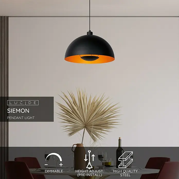 Lucide Siemon Pendelleuchte rund - 40 W, Ø x H: 40 x 150 cm, Schwarz/ Gold, E27 - Elegante schwarze LUCIDE SIEMON Pendelleuchte mit goldener Innenseite. Höhe einstellbar und dimmbar für stimmungsvolles Licht. Hochwertiger Stahl garantiert Langlebigkeit.