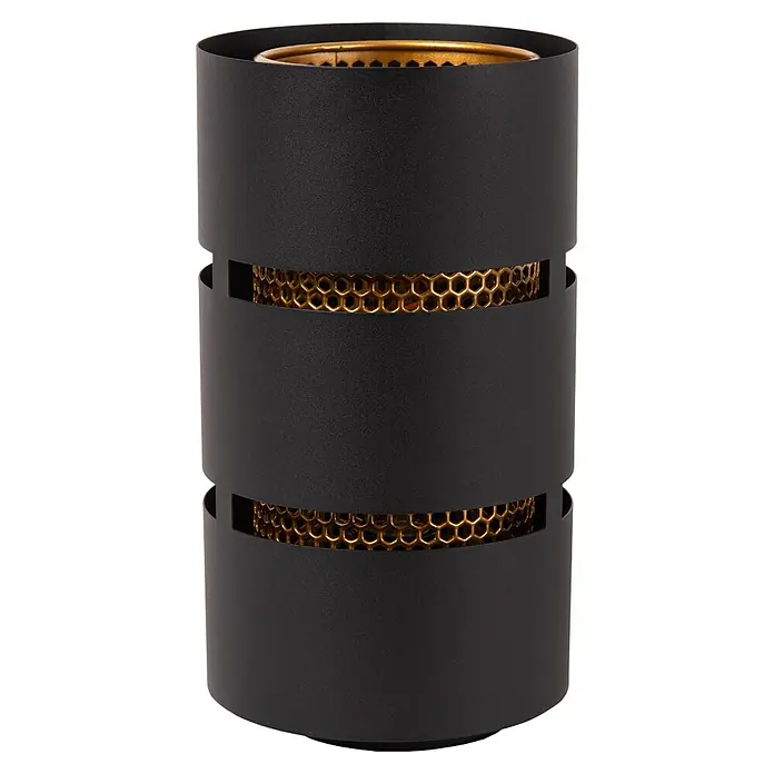 Lucide Rosas Tischleuchte rund - 40 W, Ø x H: 12 x 30 cm, Schwarz/ Gold, Schwarz, E27 - Nahaufnahme eines stilvollen schwarzen Deko-Objekts mit goldenen Akzenten, das ein modernes und elegantes Design zeigt.