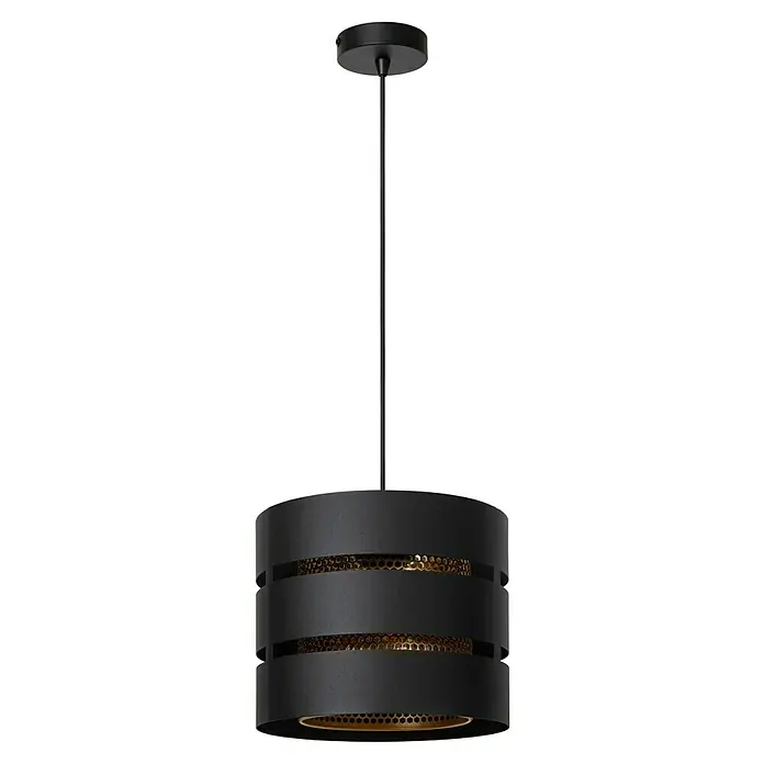 Lucide Rosas Pendelleuchte rund - 40 W, Ø x H: 26 x 152 cm, Schwarz, Schwarz/ Gold, E27 - Eine elegante, schwarze Hängeleuchte mit einem zylindrischen Lampenschirm und goldenen Akzenten, die modernes Design und warmes Licht vereint.