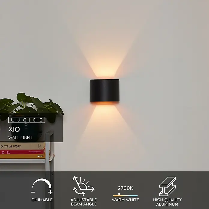 Lucide LED-Wandleuchte Xio - 3,5 W, L x B x H: 14 x 12 x 10,5 cm, Schwarz - Das Lucide XIO Wandlicht: Eine moderne, dimmbare Wandleuchte aus hochwertigem Aluminium mit einstellbarem Abstrahlwinkel und warmweißem Licht.