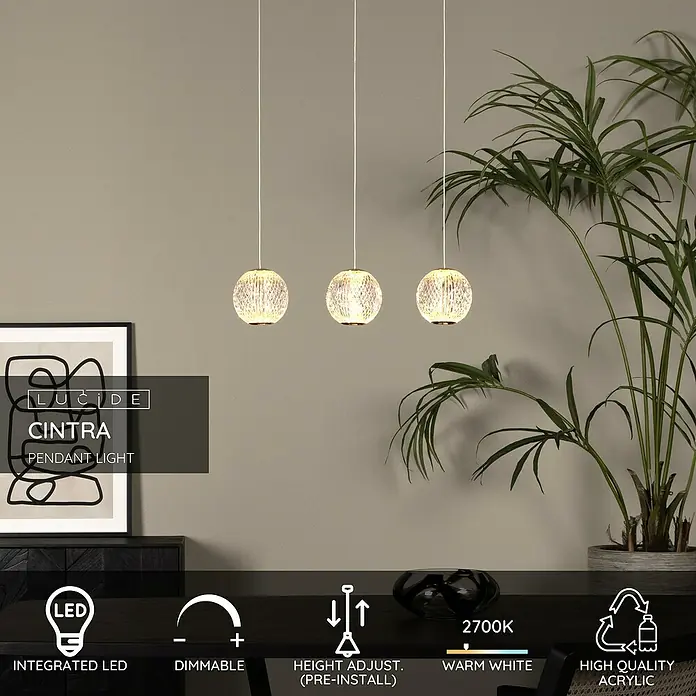 Lucide Cintra LED-Pendelleuchte rund - 4,7 W, L x B x H: 4 x 48 x 150 cm, Kristall, Anzahl Leuchtmittel: 3 Stk. - Die Lucide Cintra Pendelleuchte: Integrierte LED, dimmbar und höhenverstellbar. Gefertigt aus hochwertigem Acryl. Warmweißes Licht (2700K).