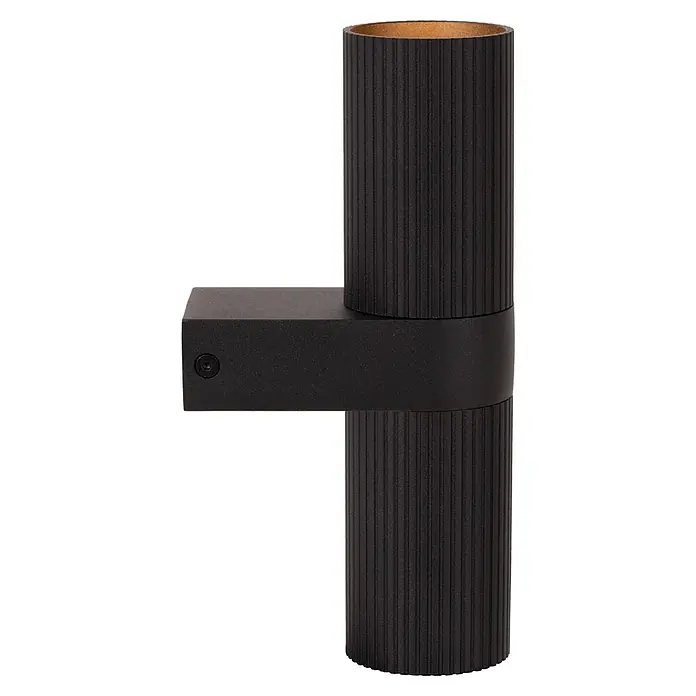 Lucide Clubs Wandleuchte - 50 W, L x B x H: 11,5 x 6,5 x 21,5 cm, Schwarz, Schwarz, GU10 - Nahaufnahme einer schwarzen Wandleuchte mit gerippter Oberfläche und zylindrischer Form.