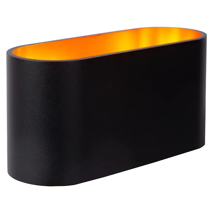 Lucide Wandleuchte Xera - 42 W, L x B x H: 17 x 9 x 9 cm, Schwarz, G9 - Nahaufnahme einer modernen, ovalen Wandleuchte mit schwarzer Außenseite und goldener Innenseite, die ein warmes Licht ausstrahlt.