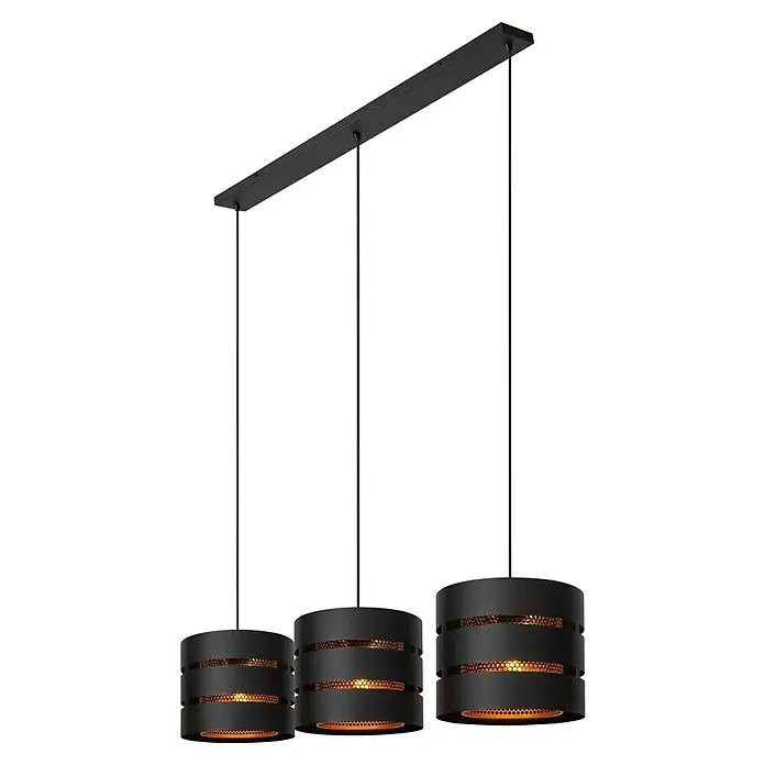 Lucide Rosas Pendelleuchte - 40 W, L x B x H: 110 x 130 x 152 cm, Schwarz, Schwarz/ Gold, E27 - Schwarze Hängelampe mit drei perforierten Lampenschirmen und goldenem Inneren. Stilvolle Beleuchtung für Ihr Zuhause.