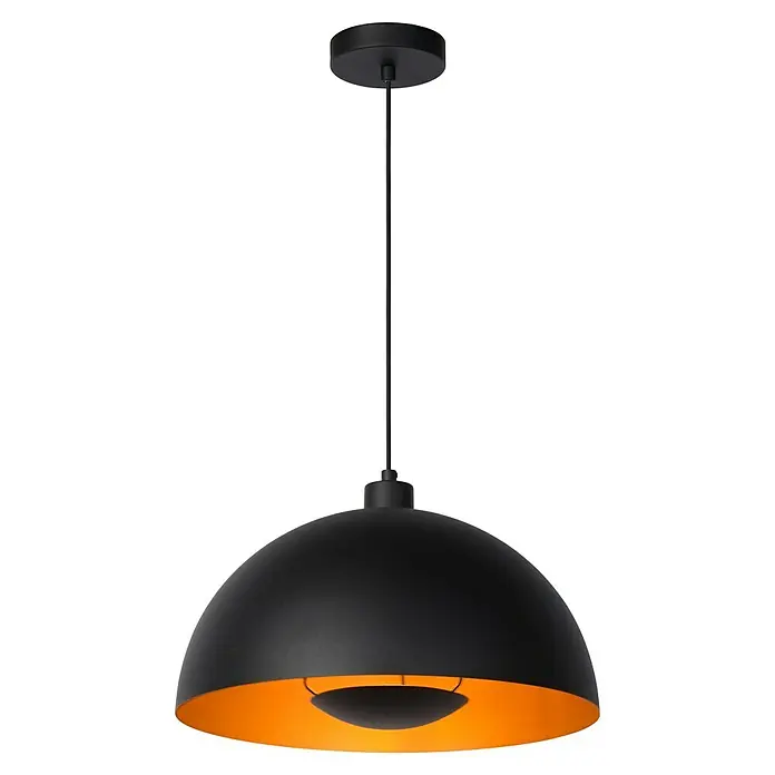 Lucide Siemon Pendelleuchte rund - 40 W, Ø x H: 40 x 150 cm, Schwarz/ Gold, E27 - Nahaufnahme einer Hängelampe mit schwarzem Lampenschirm und goldener Innenseite.