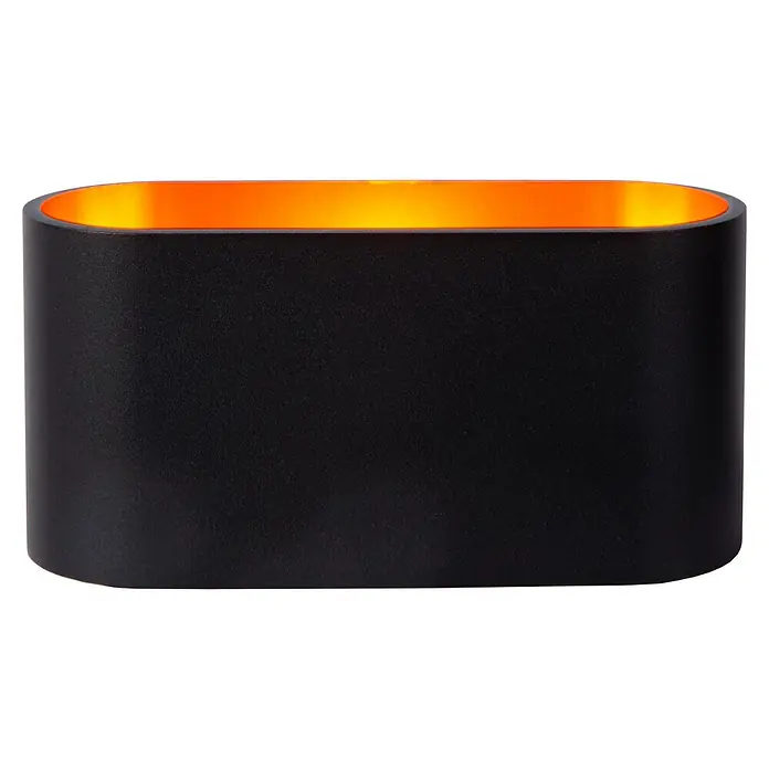 Lucide Wandleuchte Xera - 42 W, L x B x H: 17 x 9 x 9 cm, Schwarz, G9 - Eine ovale, schwarze Wandleuchte mit goldener Innenseite, die ein warmes Licht ausstrahlt und eine elegante Note verleiht.