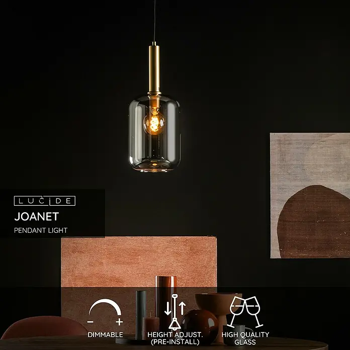 Lucide Pendelleuchte Joanet - 40 W, L x B x H: 32,5 x 32,5 x 150 cm, Rauchfarben, E27, Anzahl Leuchtmittel: 1 Stk. - Elegante Lucide JOANET Pendelleuchte mit dimmbarem Glasdesign und höhenverstellbarer Funktion für ein stilvolles Ambiente.