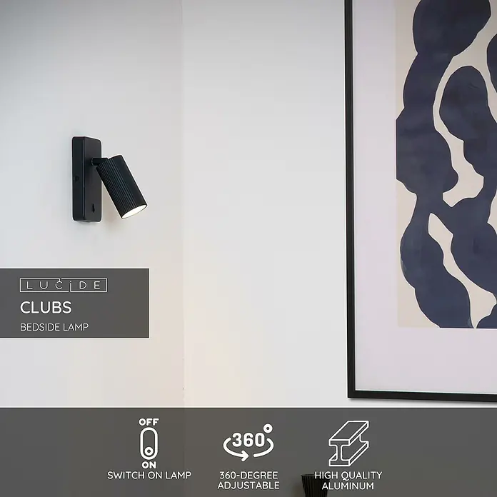 Lucide Clubs Wandstrahler - 50 W, L x B x H: 20,5 x 9,5 x 11,5 cm, Schwarz, Schwarz, GU10 - Nahaufnahme einer Lucide Clubs-Bettlampe, die sich durch ihr modernes Design und ihre Flexibilität auszeichnet.