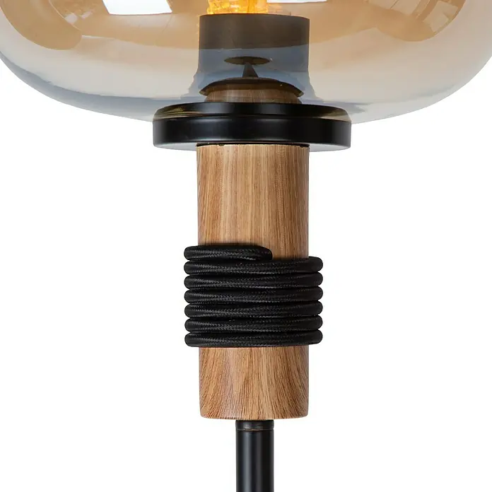 Lucide Ilona Stehleuchte - 40 W, Höhe: 150 cm, Amber, E27 - Detailaufnahme einer eleganten Tischleuchte mit einem Lampenschirm aus Glas und einem Holzfuß mit schwarzer Kordel.