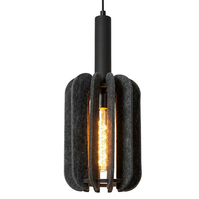 Lucide Rafal Pendelleuchte - 40 W, L x B x H: 30 x 30 x 183 cm, Grau, E27, Anzahl Leuchtmittel: 3 Stk. - Moderne Pendelleuchte mit schwarzem Lampenschirm aus Filzlamellen und einer dekorativen Edison-Glühbirne, die warmes Licht spendet.