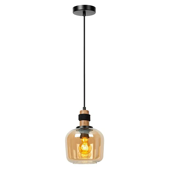 Lucide Ilona Pendelleuchte - 40 W, L x B x H: 12 x 12 x 161 cm, Amber, E27 - Eine stilvolle Pendelleuchte mit einem bernsteinfarbenen Glasschirm, Holzelementen und einem schwarzen Baldachin für eine warme und einladende Atmosphäre.
