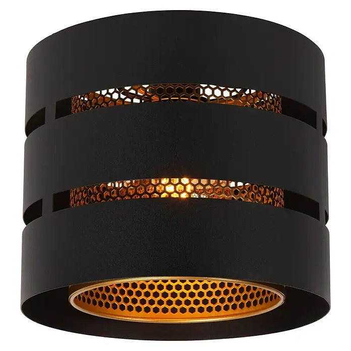 Lucide Rosas Deckenleuchte rund - 40 W, Ø x H: 26 x 22 cm, Schwarz/ Gold, Schwarz, E27 - Eine moderne, zylindrische Deckenleuchte in Schwarz mit goldfarbenen, wabenförmigen Akzenten, die warmes Licht spendet.