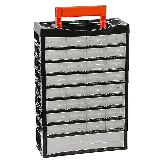 Lockweiler Kleinteilmagazin P 33 - Schwarz, Anzahl Schubladen: 33 Stk. - Eine schwarze Sortimentskasten mit transparenten Schubladen und einem orangefarbenen Griff. Ideal zur Aufbewahrung von Kleinteilen.