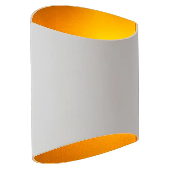 Lucide Wandleuchte Diletta - 40 W, L x B x H: 22,5 x 16 x 8,5 cm, Weiß, G9 - Eine moderne, zylindrische Wandleuchte mit weißer Außenseite und goldfarbener Innenseite, die ein warmes Licht abstrahlt. Perfekt für stilvolle Akzente.
