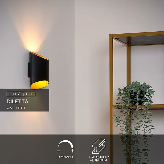 Lucide Wandleuchte Diletta - 40 W, L x B x H: 22,5 x 16 x 8,5 cm, Schwarz, G9 - Elegante schwarze Lucide Diletta Wandleuchte mit goldfarbenem Akzent. Die Leuchte ist dimmbar und aus hochwertigem Aluminium gefertigt.