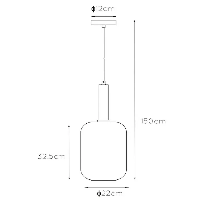 Lucide Pendelleuchte Joanet - 40 W, L x B x H: 32,5 x 32,5 x 150 cm, Rauchfarben, E27, Anzahl Leuchtmittel: 1 Stk. - Schemazeichnung einer Hängelampe mit den Maßen ø12cm (oben), 32,5cm (Höhe Lampenschirm), ø22cm (Lampenschirm) und 150cm (Gesamthöhe).