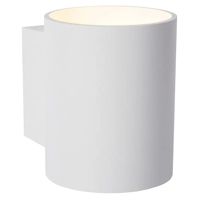 Lucide Wandleuchte Xera - 42 W, L x B x H: 11 x 9 x 11,5 cm, Weiß, G9 - Nahaufnahme einer modernen, zylindrischen Wandleuchte in Weiß mit einem warmen Lichtschein. Perfekt für stilvolle Innenräume.