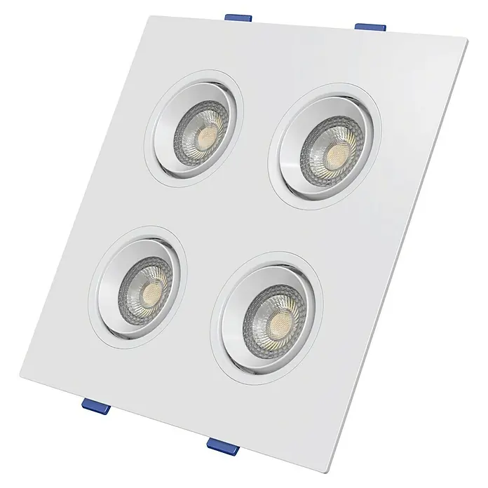 Panaled Downlight LED empotrable Tent - 28 W, L x An x Al: 3,5 x 21,5 x 21,5 cm, Blanco cálido - Lámpara de techo con cuatro focos LED redondos en una carcasa blanca cuadrada. Iluminación moderna para interiores.